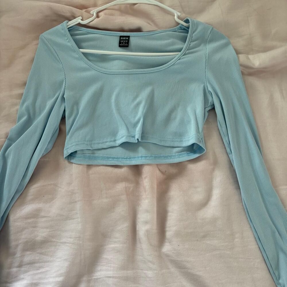 SHEIN Ripped Square Neck Medium Fitted Cotton Women's Light Blue Crop-top